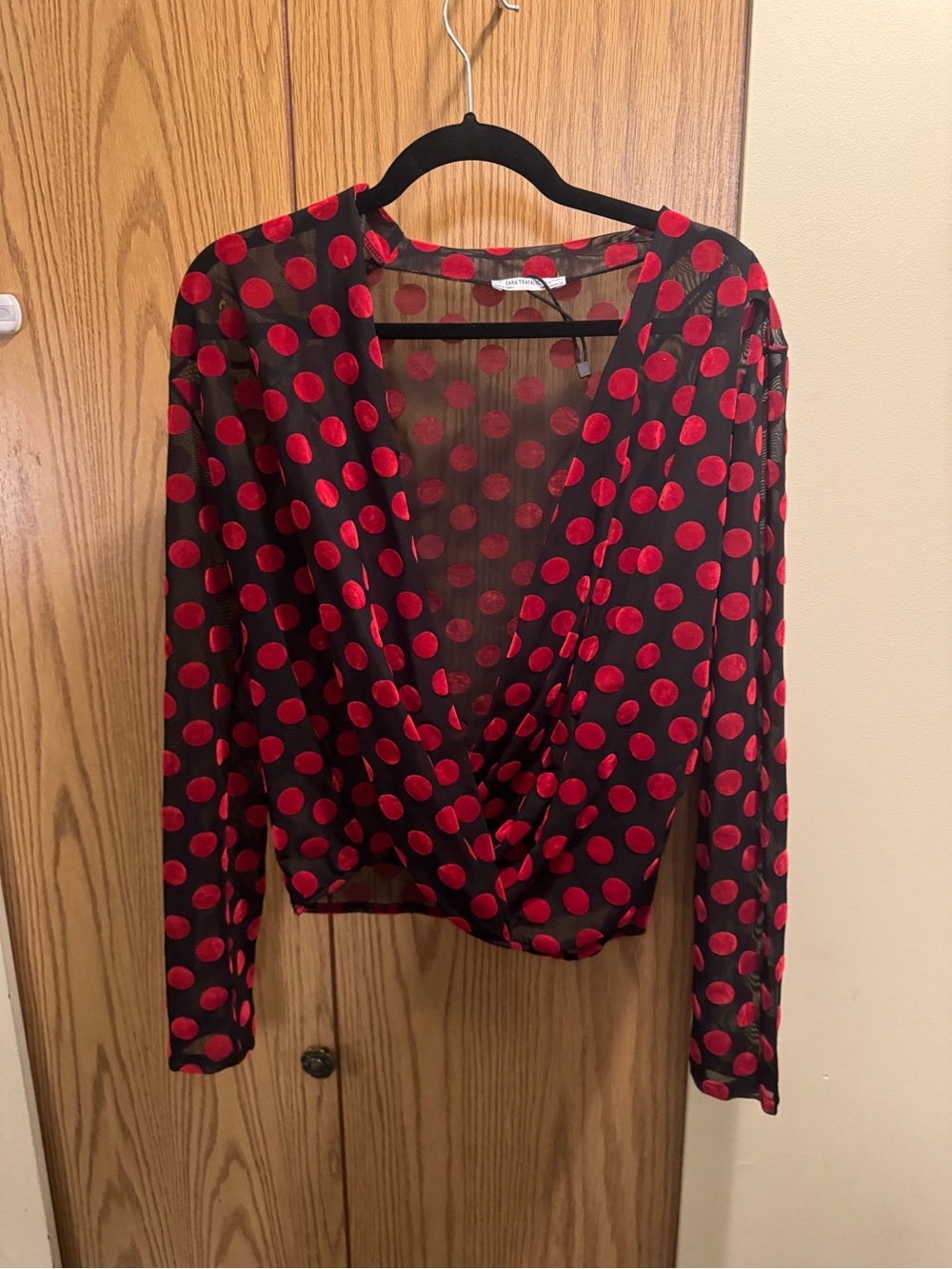 Zara Black Sheer Blouse with Red Polka Dots
